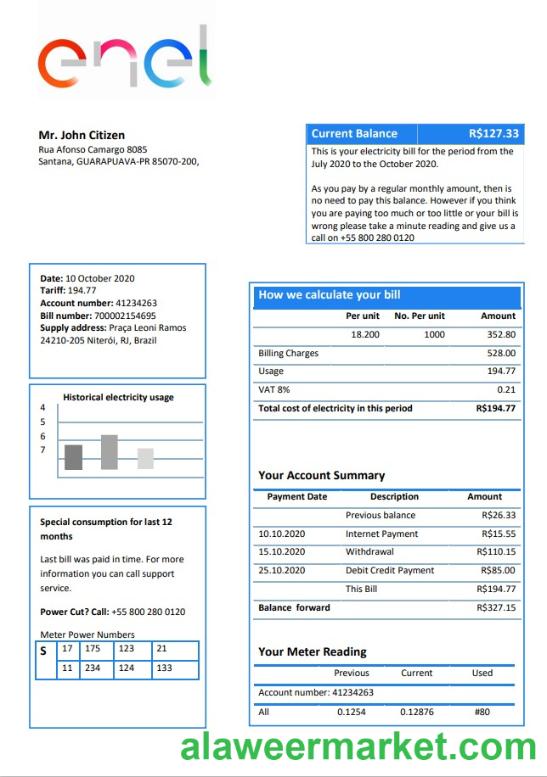 Brazil ENEL electricity utility bill template in Word and PDF format